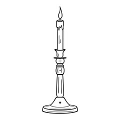Hand drawn candelabrum with burning candle and stars in line art. Vintage candlestick icon, antique style, boho. Vector doodle sketch illustration isolated on white background - obrazy, fototapety, plakaty