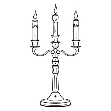 Hand drawn candelabrum with burning candles and stars in line art. Vintage candlestick icon, antique style, boho. Vector doodle sketch illustration isolated on white background