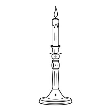Hand drawn candelabrum with burning candle and stars in line art. Vintage candlestick icon, antique style, boho. Vector doodle sketch illustration isolated on white background