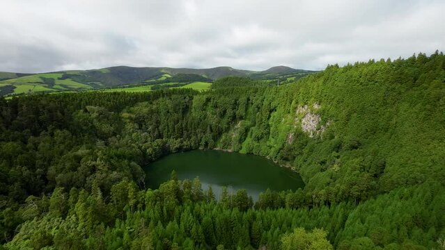 Aerial View  Lake In Volcanic Crater Lagoa Do Congro, Sao Miguel Island Azores 15 october 2022