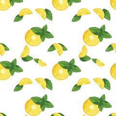 seamless fruity pattern of juicy lemon and mint on a white background
