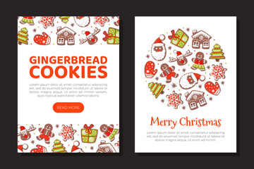 Gingerbread cookies web banner and card templates set. Christmas and New Year landing page, promotional leaflet cartoon vector