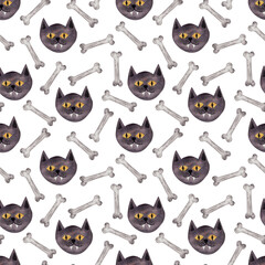 Cat muzzle and bones, watercolor seamless pattern. Illustration for Halloween