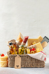 Products food in jars in a gift basket.  Donation concept. Zero waste