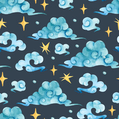 Oriental clouds and golden stars watercolor seamless pattern on dark background