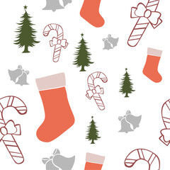 Christmas Seamless Patterns with trees, sock, candy, and bell elements perfect for present and background