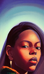 Digital painted illustration portrait of black skin fashion model woman. Beautiful stylish girl portrait