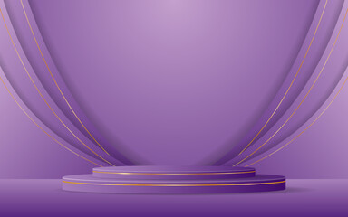 Purple podium with purple curves and elegant gold lines on the back for product presentation. Cosmetic product display. vector illustration
