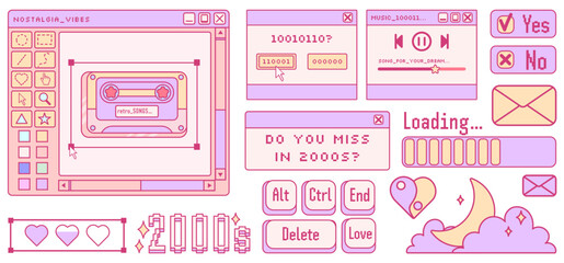 Old computer aestethic. Kawaii retro pc elements, user interface, operating system, windows, icons in trendy y2k retro style.Vector illustrations.