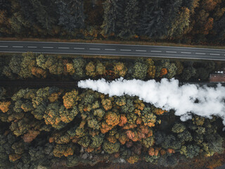 Bird's Eye View of a Steam Train in the Fall