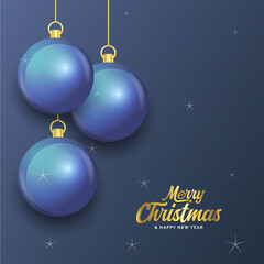 Merry Christmas dark blue banner with balls. Christmas card. Vector Illustration