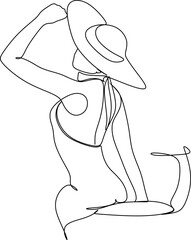 Abstract linear woman in hat. Minimal portrait. Head fashionable accessory. One line continuous. Beauty and glamour concept. Cap headgears for lady. Hand drawn vector illustration.