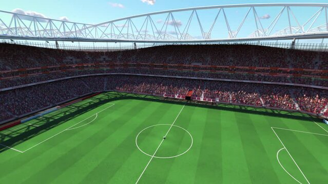 Camera pans around full football or soccer stadium. Ellipsis path, wide view