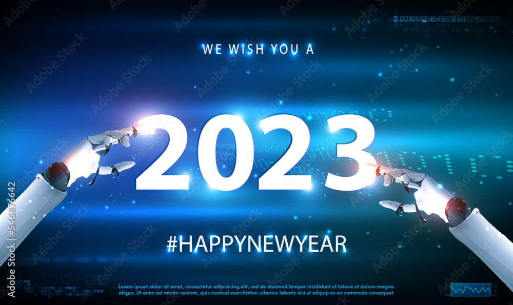 Poster ai robotic hand touching and pointing on year 2023 on technology cyberspace background. 2023 new yea