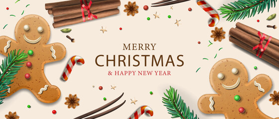 Christmas banner. Xmas design of realistic sweet edible objects, candy, gingerbread man, red cane, anise and cinnamon. Horizontal new year poster, greeting card, headers for website