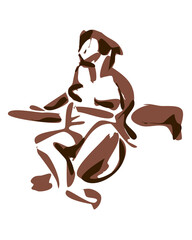 Sketch of a naked girl. Seated relaxed woman. Stylization ink and pen. Brown ink. Simple silhouette. 