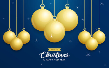 Christmas blue background with hanging shining golden balls. Merry christmas greeting card. Holiday Xmas and New Year poster. web banner. Vector Illustration.