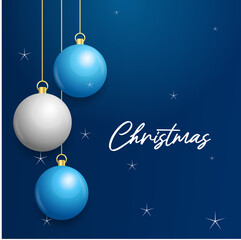 Christmas blue background with hanging shining white and Silver balls. Merry christmas greeting card. Vector Illustration