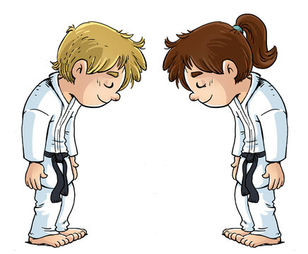Illustration of girl and boy doing a judo salute