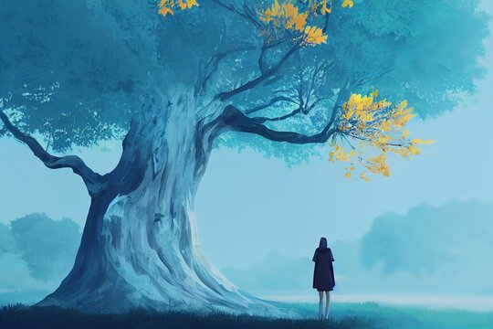 Woman looking at Big tree. fantasy scenery. concept art. Ai.