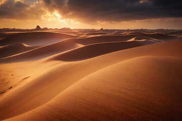 Fototapeta na wymiar Stunning sunset illuminating the majestic sand dunes of the Sahara Desert, highlighting nature's exquisite patterns. A captivating view of Africa's iconic desert landscape. 