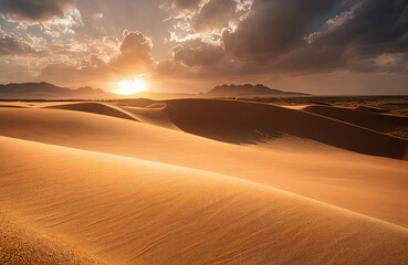 Plakat Panorama banner of sand dunes Sahara Desert at sunset. Endless dunes of yellow sand. Desert landscape Waves sand nature