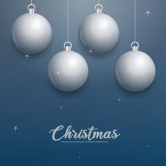 Vector Christmas banner with decorations. Merry Christmas text. silver ornaments on blue background. Vector illustration