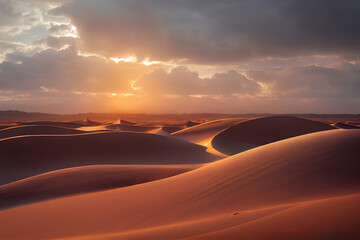 Obraz na płótnie Canvas Panorama banner of sand dunes Sahara Desert at sunset. Endless dunes of yellow sand. Desert landscape Waves sand nature
