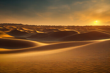 Fototapeta na wymiar Stunning sunset illuminating Sahara Desert sand dunes, revealing mesmerizing curves and textures. Ideal depiction of nature's serene beauty in the heart of Sahara.