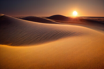 Fototapeta na wymiar Sahara Desert unveils mesmerizing sand dunes bathed in warm sunset light, highlighting intricate patterns and deep shadows. A quintessential portrayal of tranquil desert evenings 