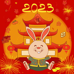 Chinese new year with rabbit 2023 on red background asian style