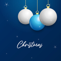 Christmas blue background with hanging shining white and Silver balls. Merry christmas greeting card. Vector Illustration