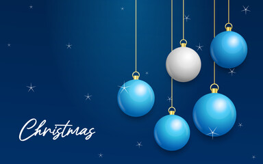 Christmas blue background with hanging shining white and Silver balls. Merry christmas greeting card. Vector Illustration