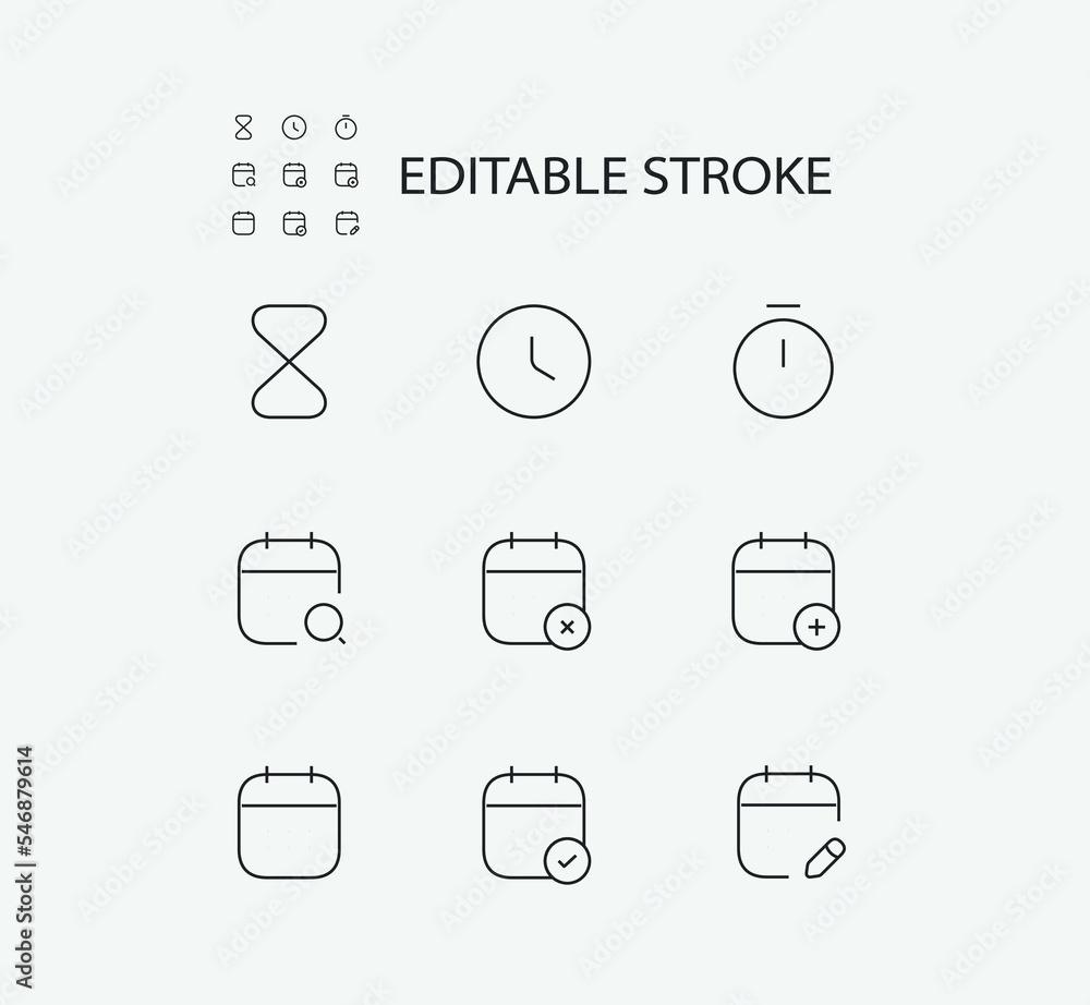 Poster simple set of time related vector line icons. contains such icons as clock and calendar. editable st
