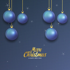 Merry Christmas dark blue banner with balls. Christmas card. Vector Illustration