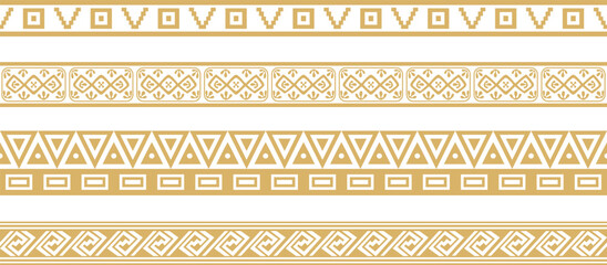 Vector set of seamless golden border ornament. Native American tribes framework. Endless patterns ethnic aztec, maya.