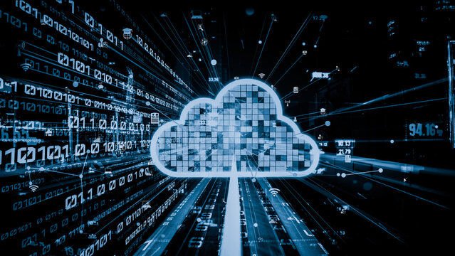Cloud computer and online data storage with tacit intelligent sharing software . Concept of smart digital transformation and technology disruption that changes global trends in new information era .