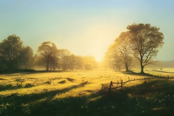 Obraz premium Sunrise in the countryside. Rural. Sunshine. Warmth.