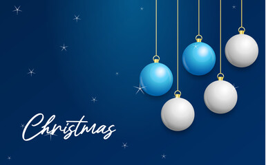 Christmas blue background with hanging shining white and Silver balls. Merry christmas greeting card. Vector Illustration