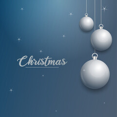 Vector Christmas banner with decorations. Merry Christmas text. silver ornaments on blue background. Vector illustration