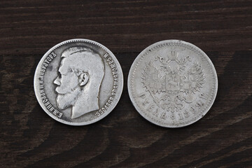 Rare Russian silver coin one ruble on wooden table