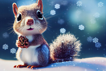 cute squirrel in the snow ai-generated illustration, artificial intelligence
