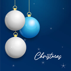 Christmas blue background with hanging shining white and Silver balls. Merry christmas greeting card. Vector Illustration