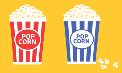 Set of popcorn in box. Popcorn in a striped paper cup. Vector illustration. - obrazy, fototapety, plakaty