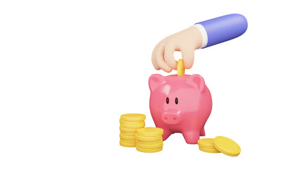 PNG of Cartoon Hand putting coin to piggy bank. Saving money. 3d render illustration