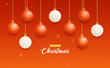 Merry Christmas Red Background with white and Red Hanging balls. Horizontal Christmas posters. greeting cards. Vector illustration