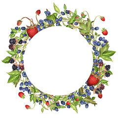 Hand-drawn watercolor wreath with wildberries. Wild strawberry, blueberry and blackberry.