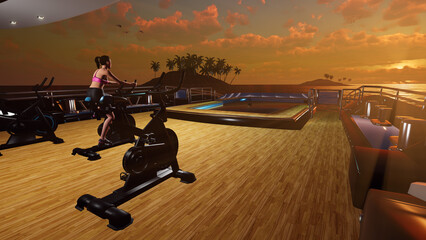 Gym Indoor Bikes on Luxury Super Yacht. Extremely detailed and realistic high resolution 3D illustration