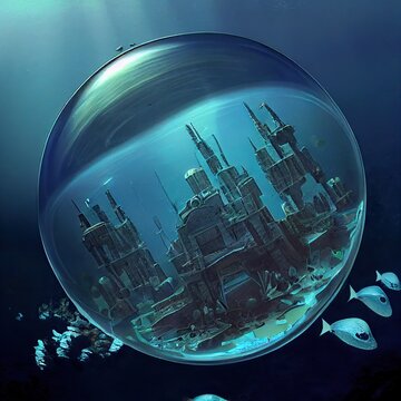 Underwater city in a bubble, Generative AI