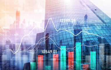 Financial graphs and digital indicators overlap with modernistic urban area, skyscrabber for stock market business concept. Double exposure.